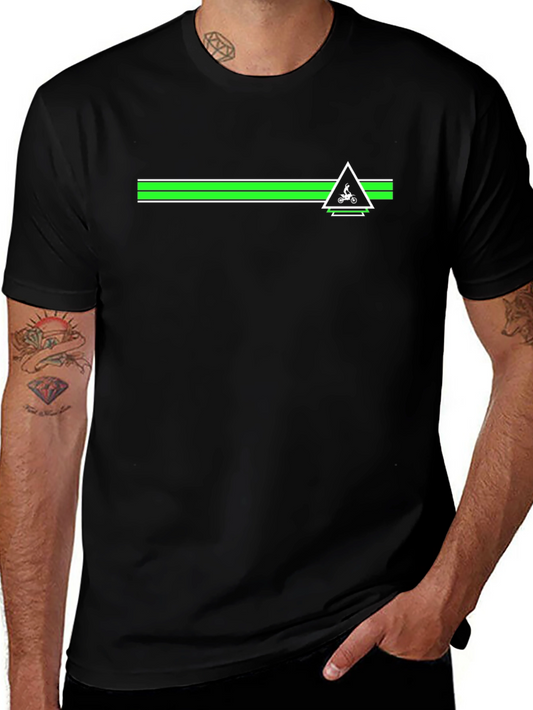Black T-Shirt with Green Stripe and Bike Design