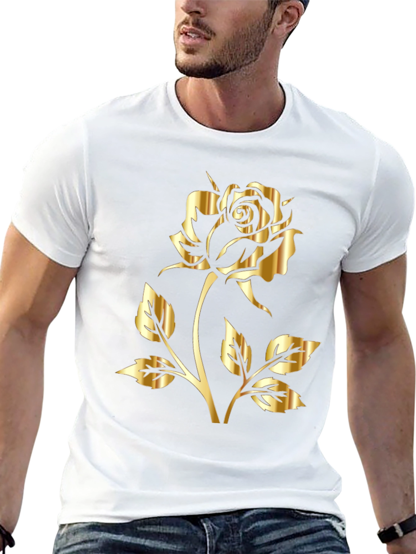 Black T-Shirt with Gold Rose Graphic Print