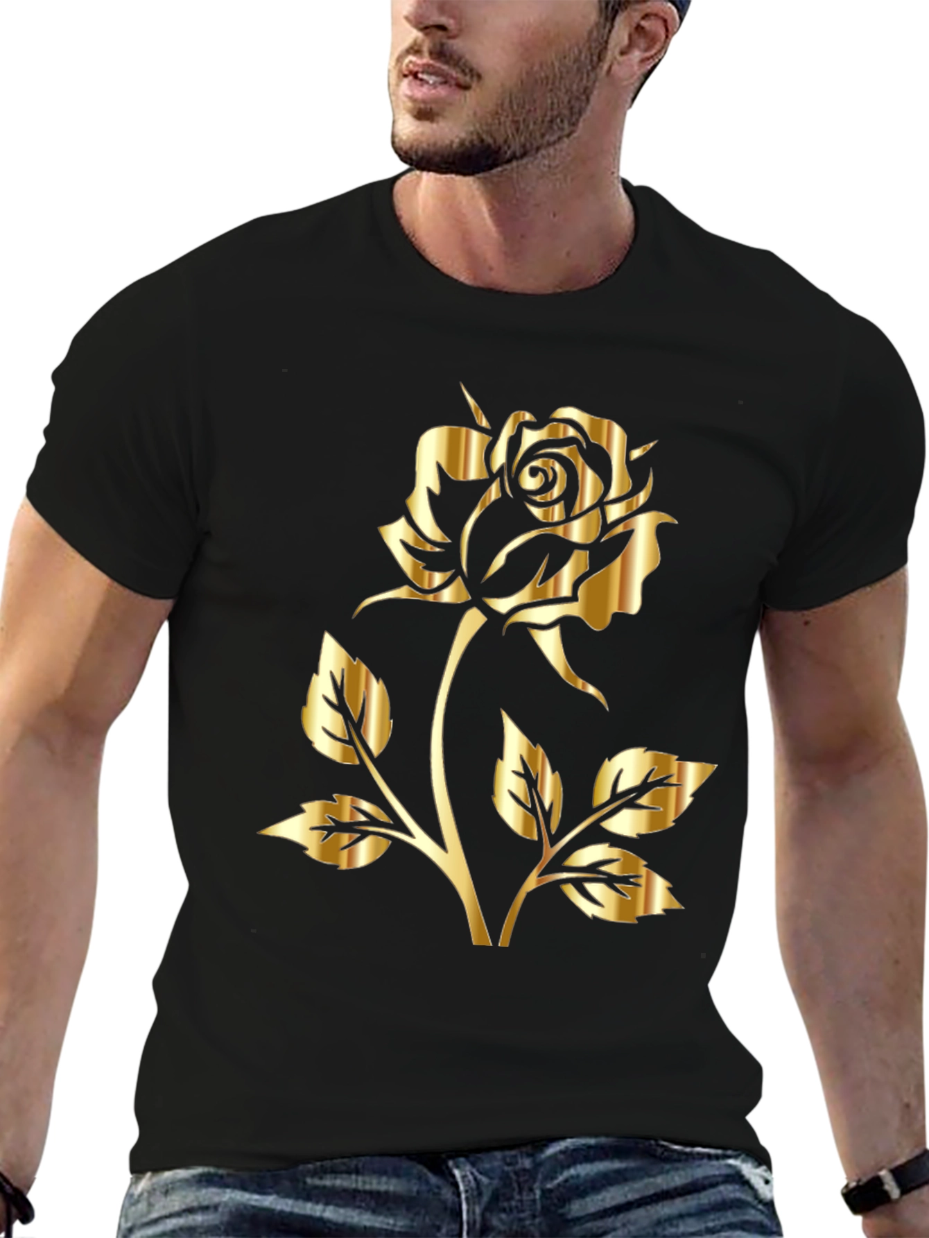 Black T-Shirt with Gold Rose Graphic Print