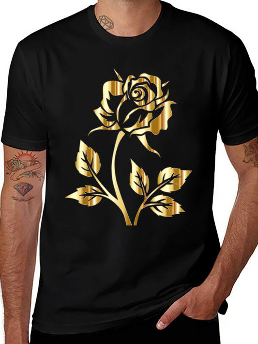 Black T-Shirt with Gold Rose Graphic Print