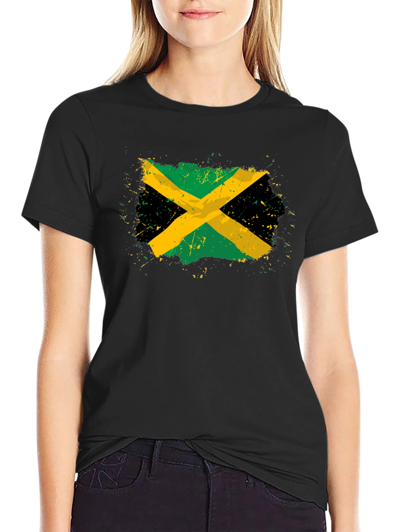 Jamaican Flag T-Shirt Black Cotton Blend Distressed Graphic Tee