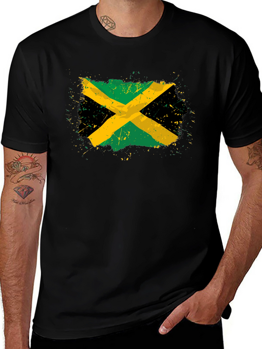 Jamaican Flag T-Shirt Black Cotton Blend Distressed Graphic Tee
