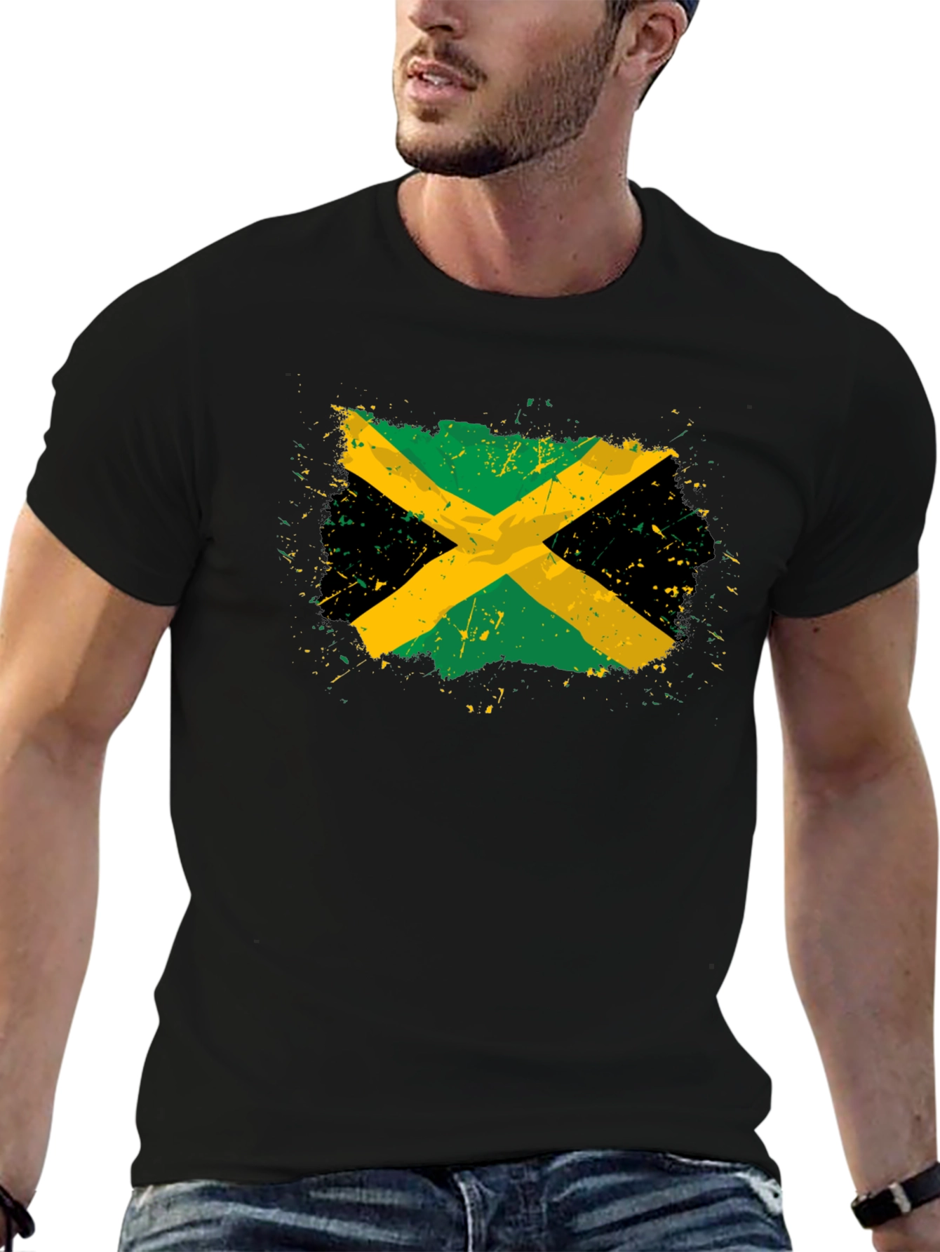 Jamaican Flag T-Shirt Black Cotton Blend Distressed Graphic Tee