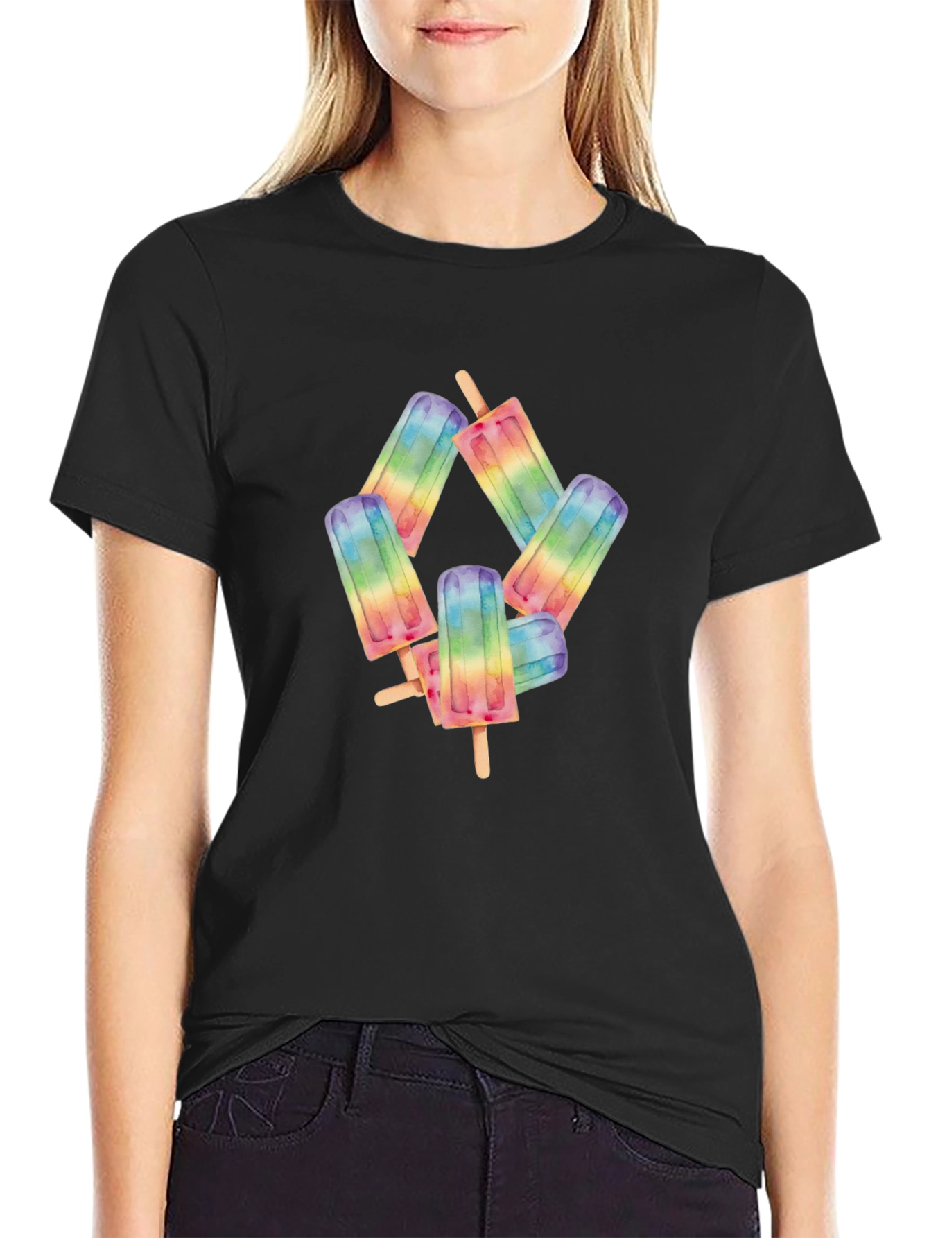 Rainbow Popsicle Graphic Black T-Shirt