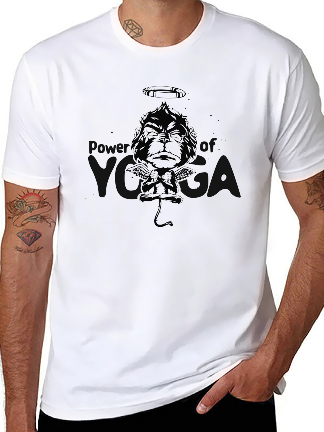Black Graphic Tee: Angel Devil Monkey Design