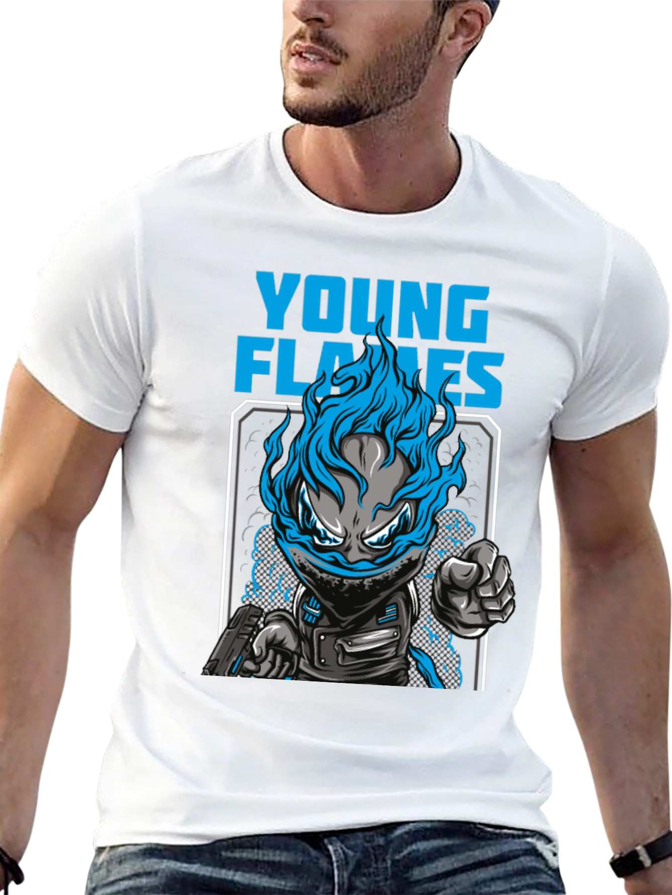 Young Flames Graphic T-Shirt - Blue Fire Design