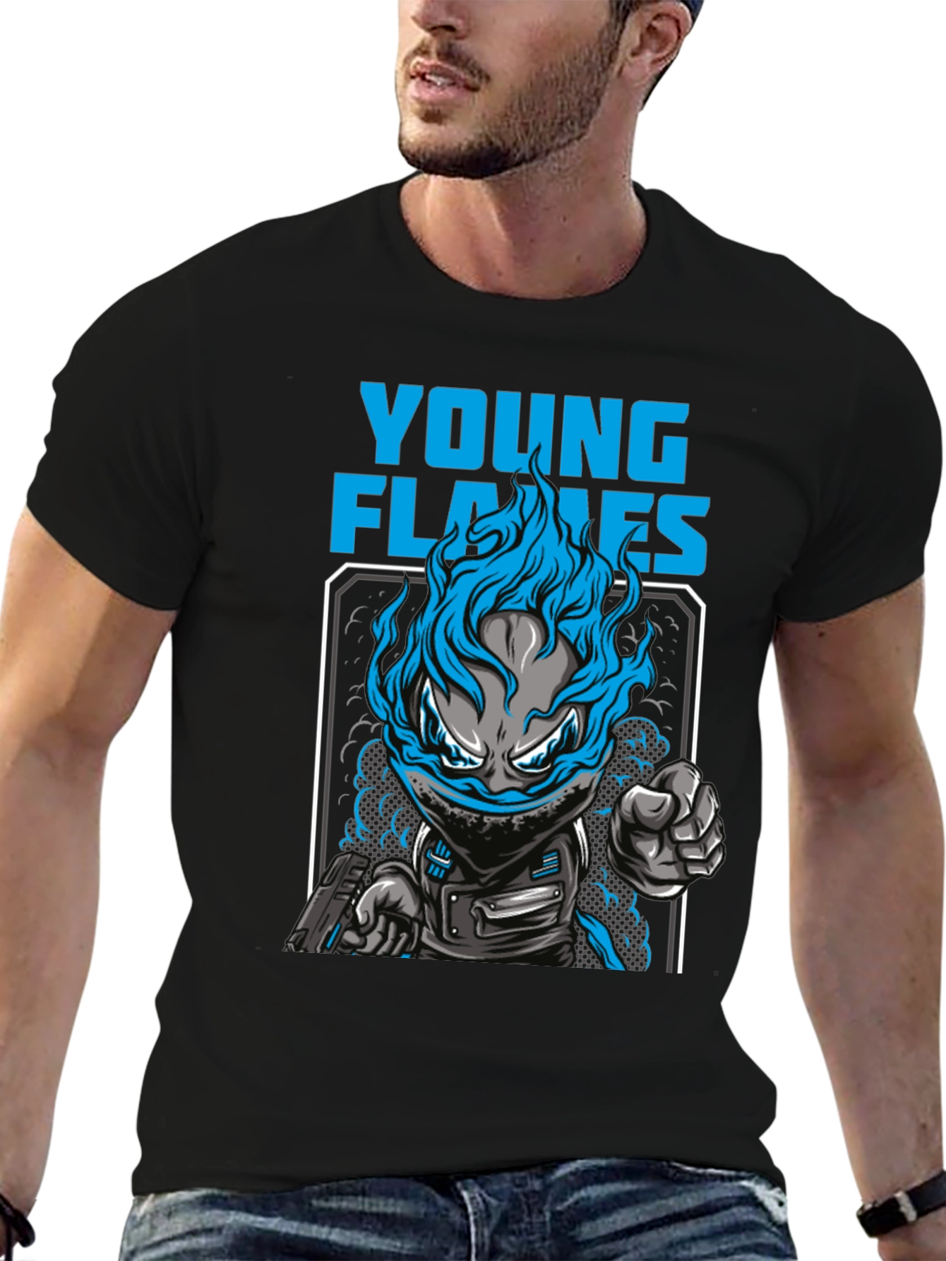 Young Flames Graphic T-Shirt - Blue Fire Design