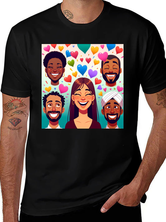 Diverse Faces & Hearts Graphic Tee - Black Cotton Blend
