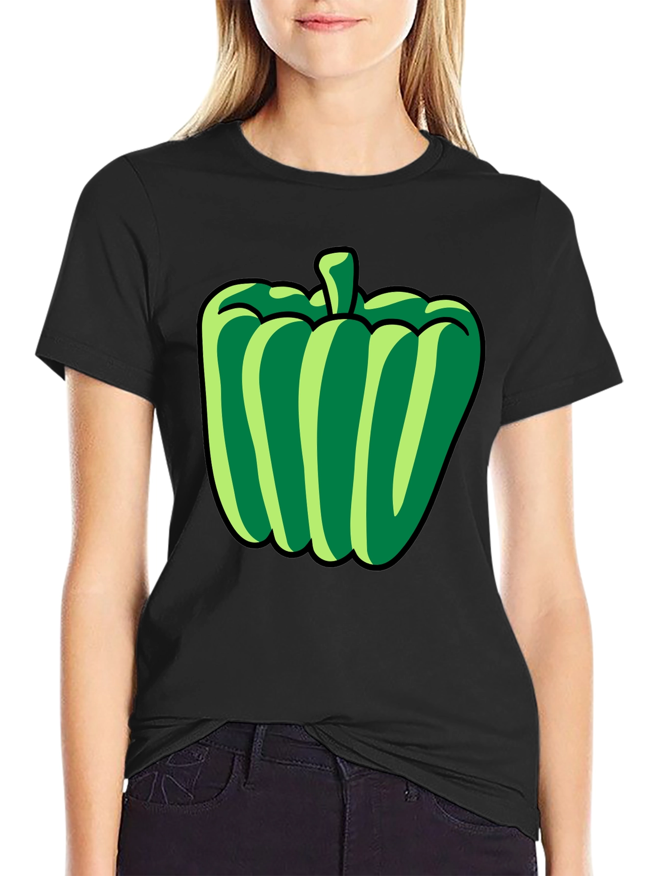 Green Pepper Graphic T-Shirt - Black Casual Tee