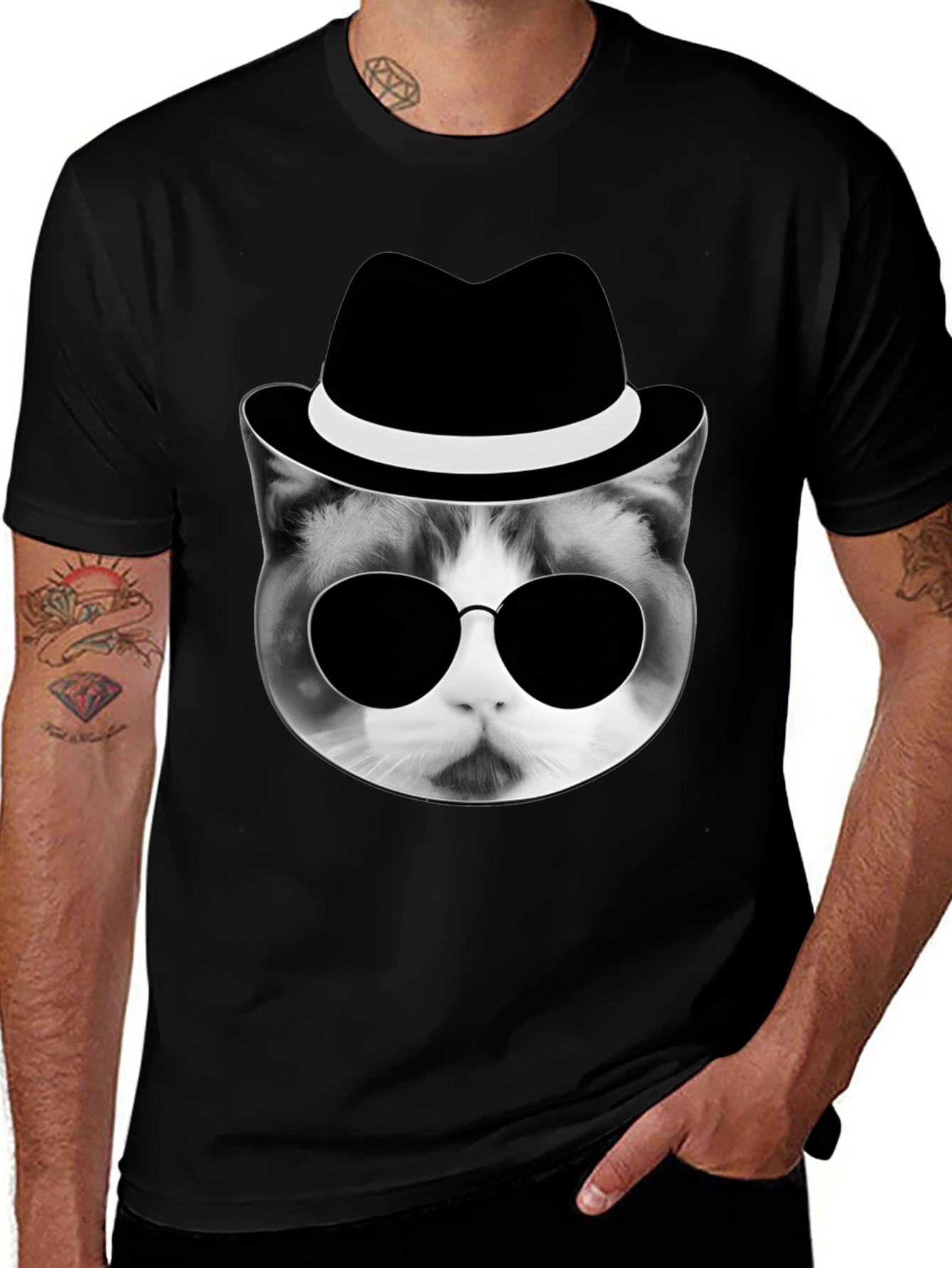 Cool Cat in Hat Graphic T-Shirt