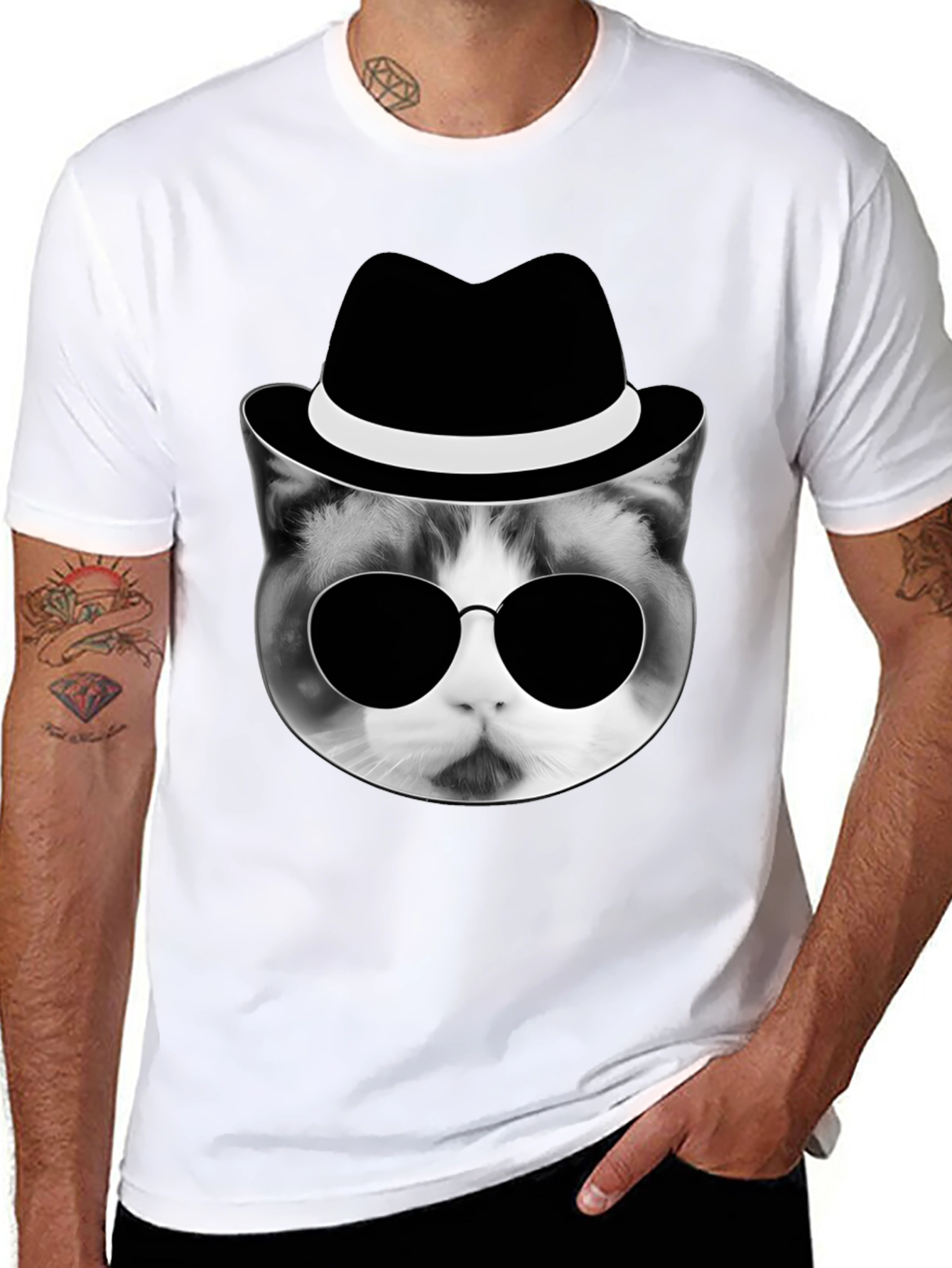 Cool Cat in Hat Graphic T-Shirt