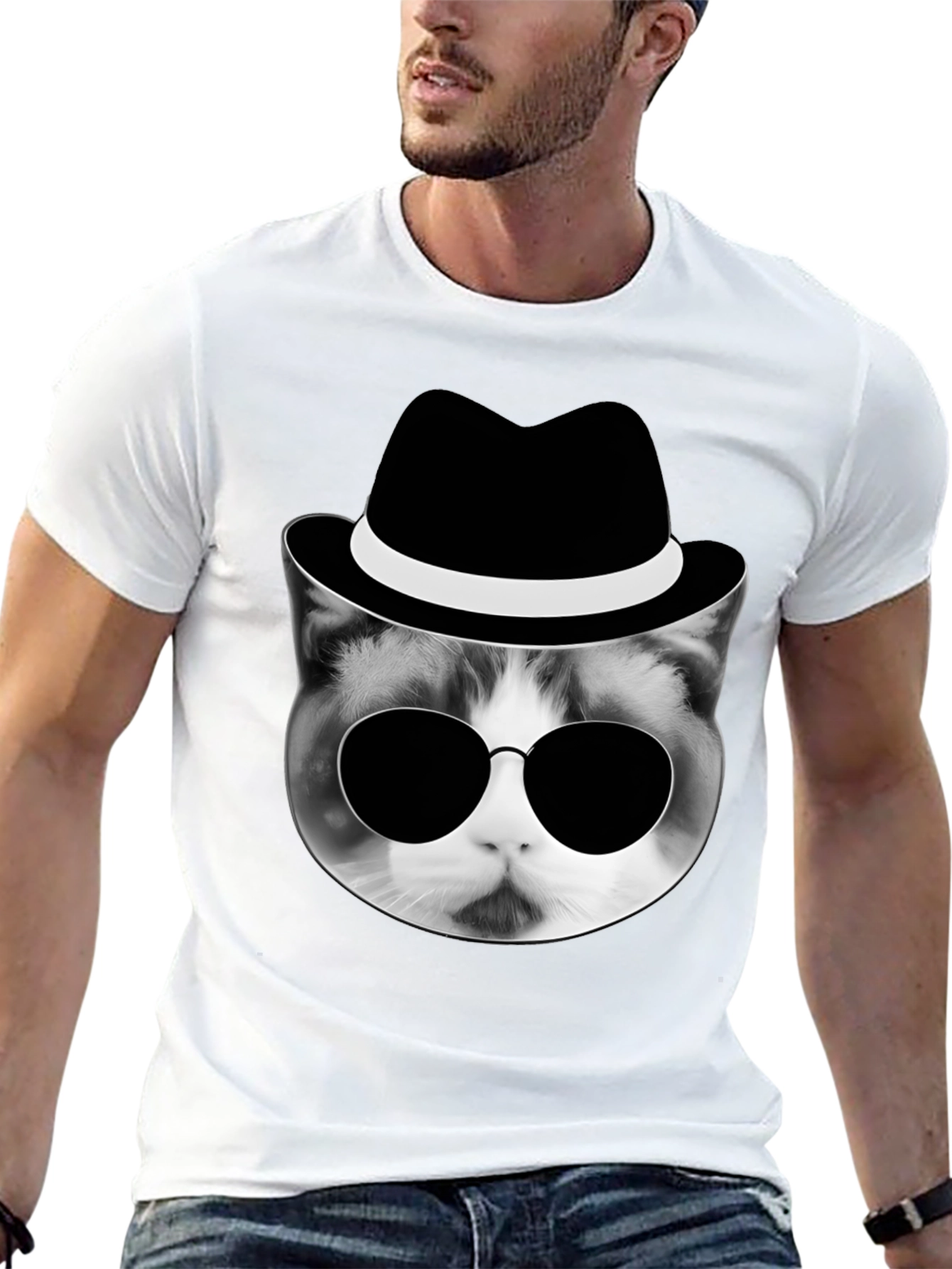 Cool Cat in Hat Graphic T-Shirt