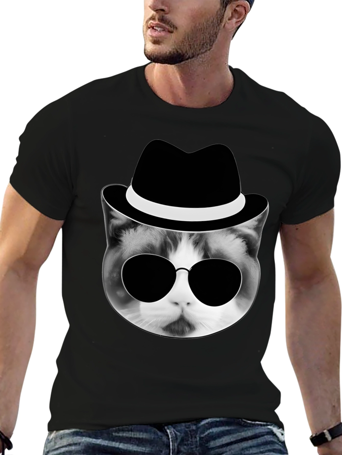 Cool Cat in Hat Graphic T-Shirt