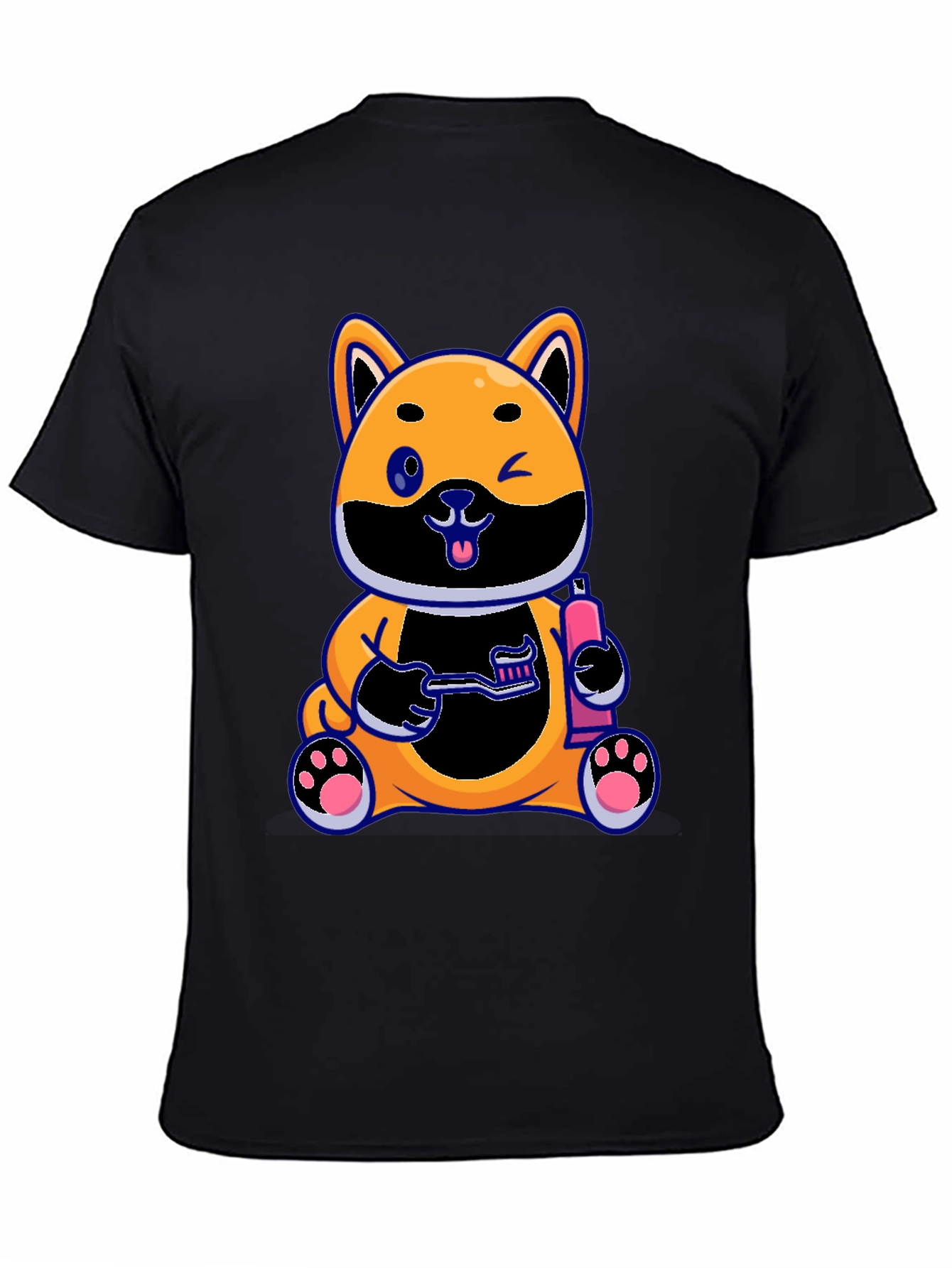 Cute Dog with Toothbrush Graphic Black T-Shirt