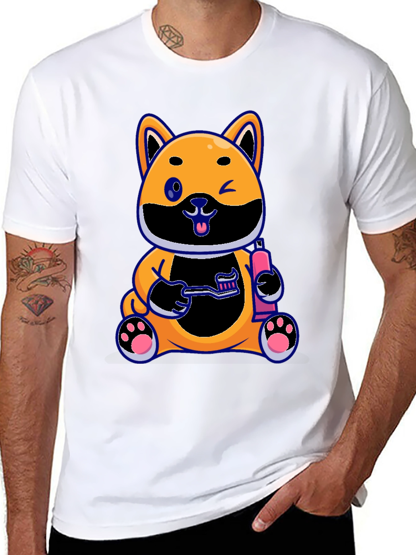 Cute Dog with Toothbrush Graphic Black T-Shirt