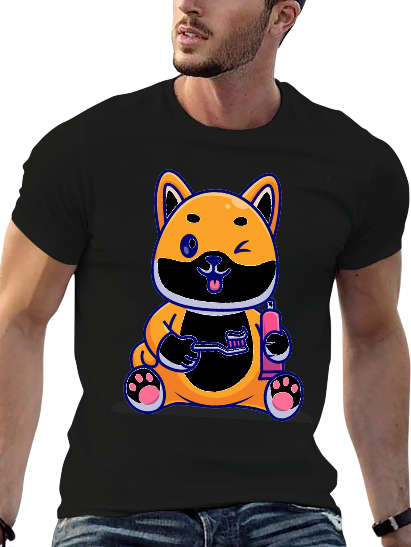 Cute Dog with Toothbrush Graphic Black T-Shirt