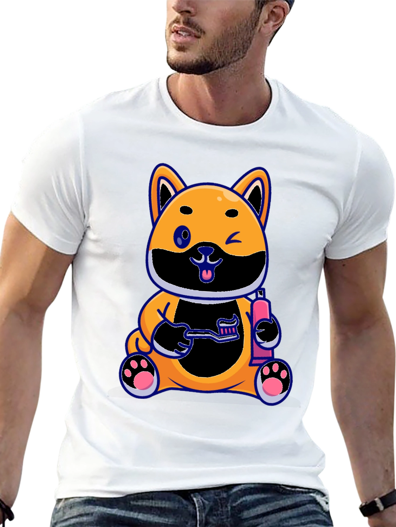 Cute Dog with Toothbrush Graphic Black T-Shirt