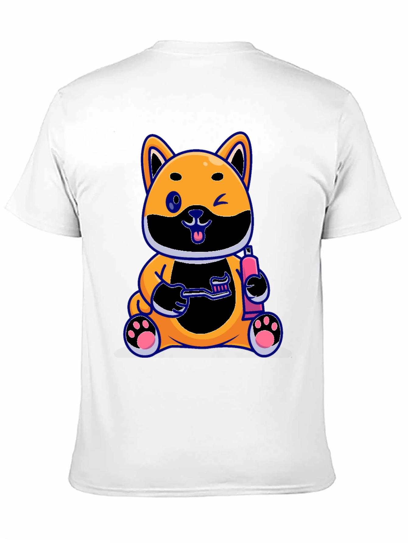 Cute Dog with Toothbrush Graphic Black T-Shirt