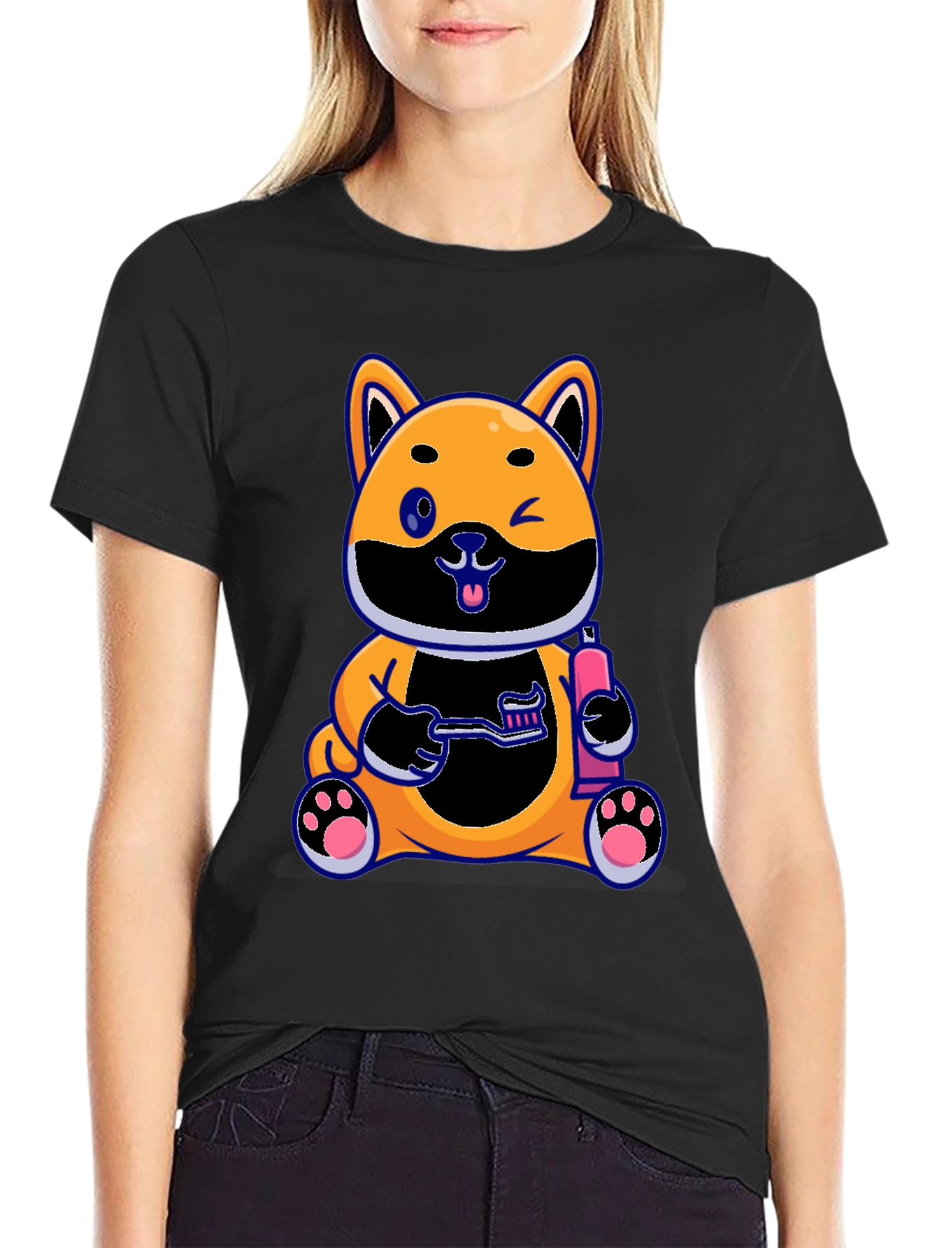 Cute Dog with Toothbrush Graphic Black T-Shirt
