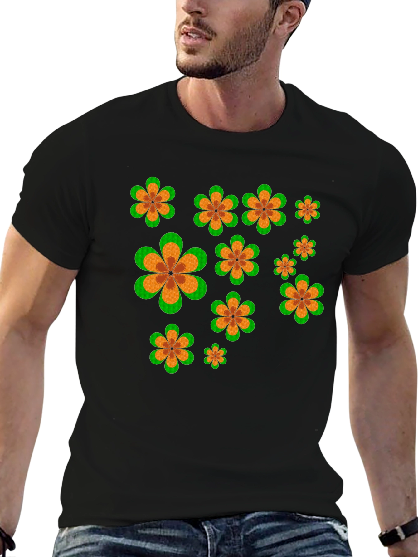 Retro Flower Power Black T-Shirt