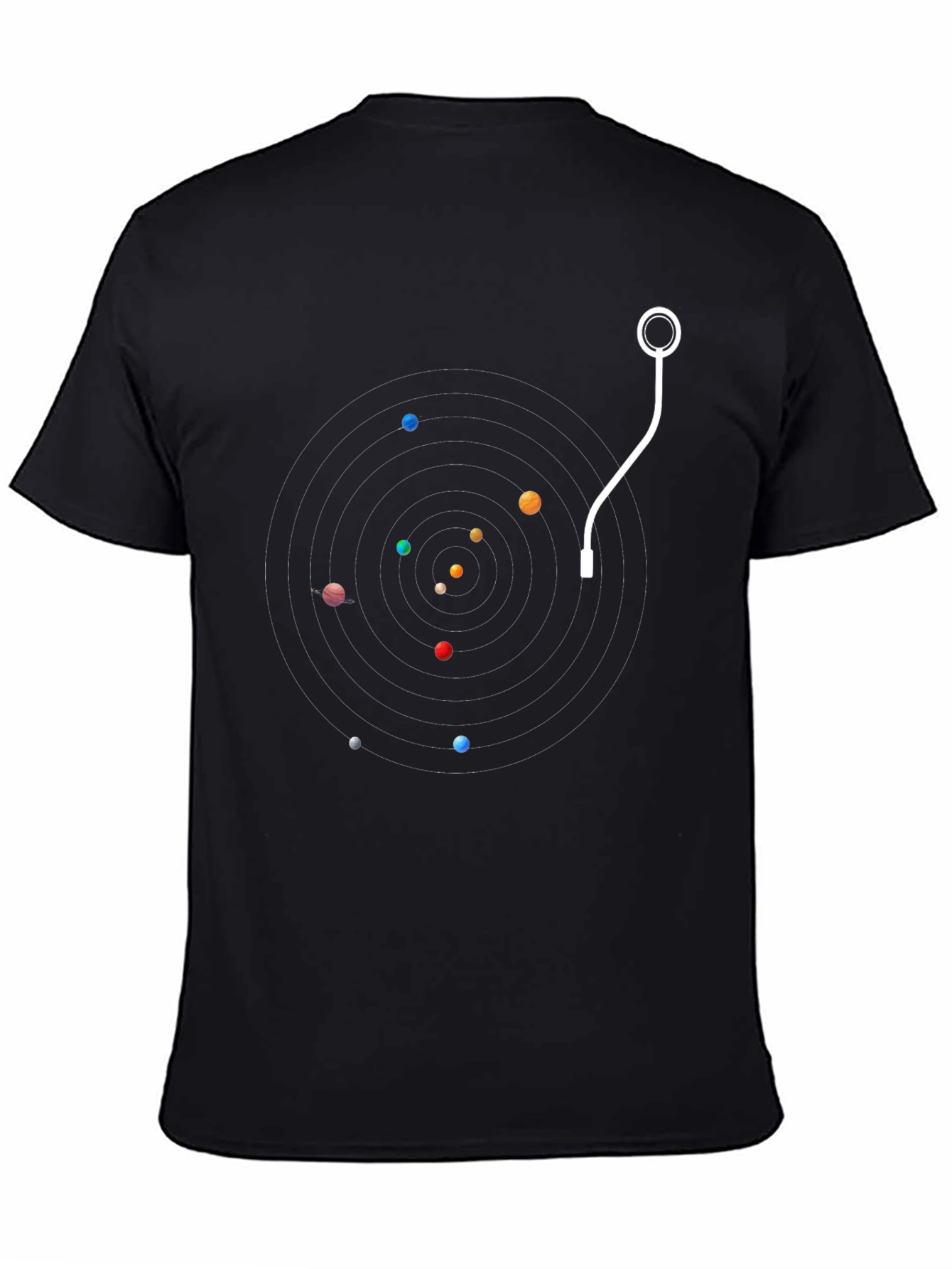 Planetary Turntable Black T-Shirt - Unique Space Music Design
