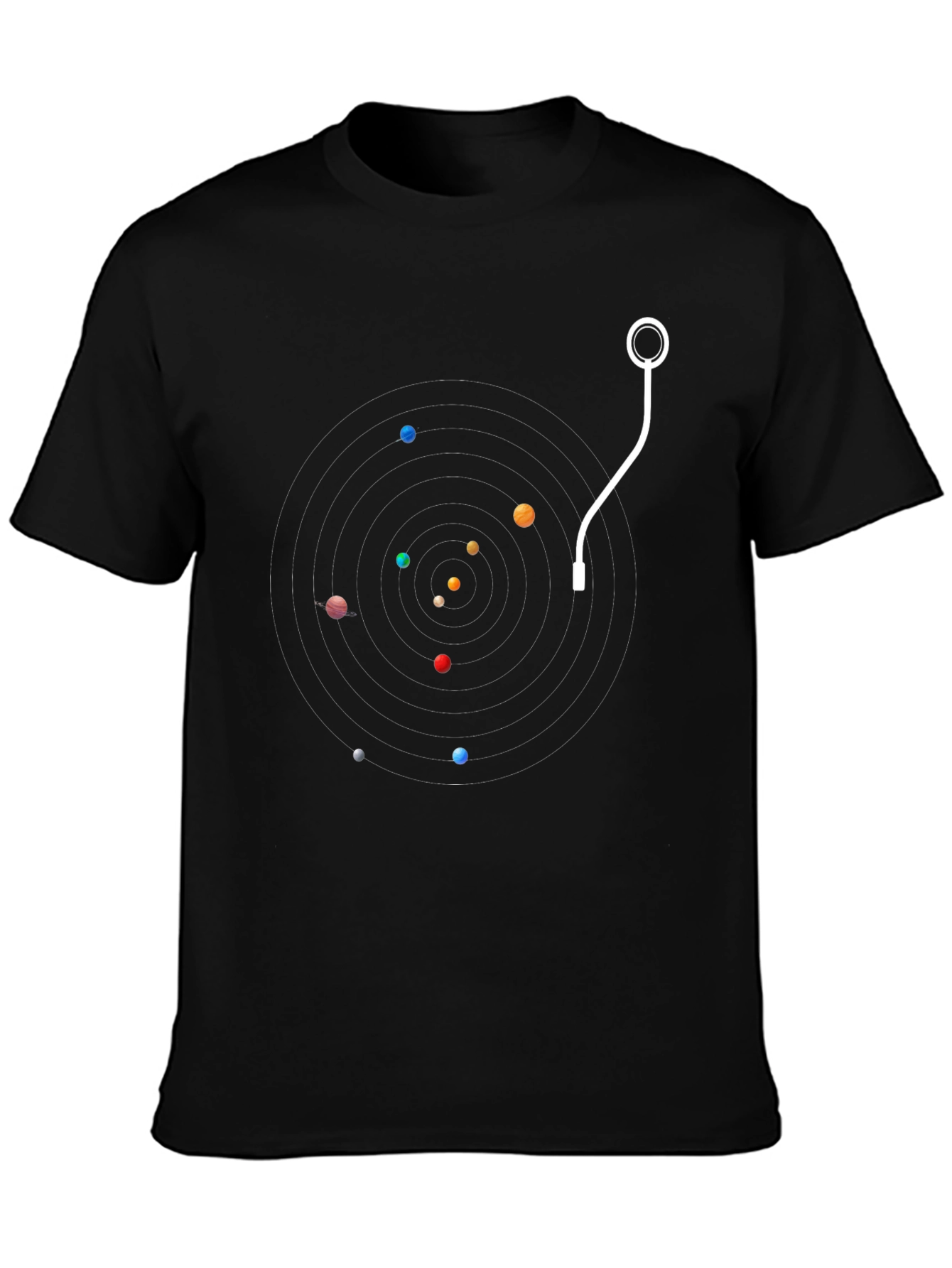 Planetary Turntable Black T-Shirt - Unique Space Music Design