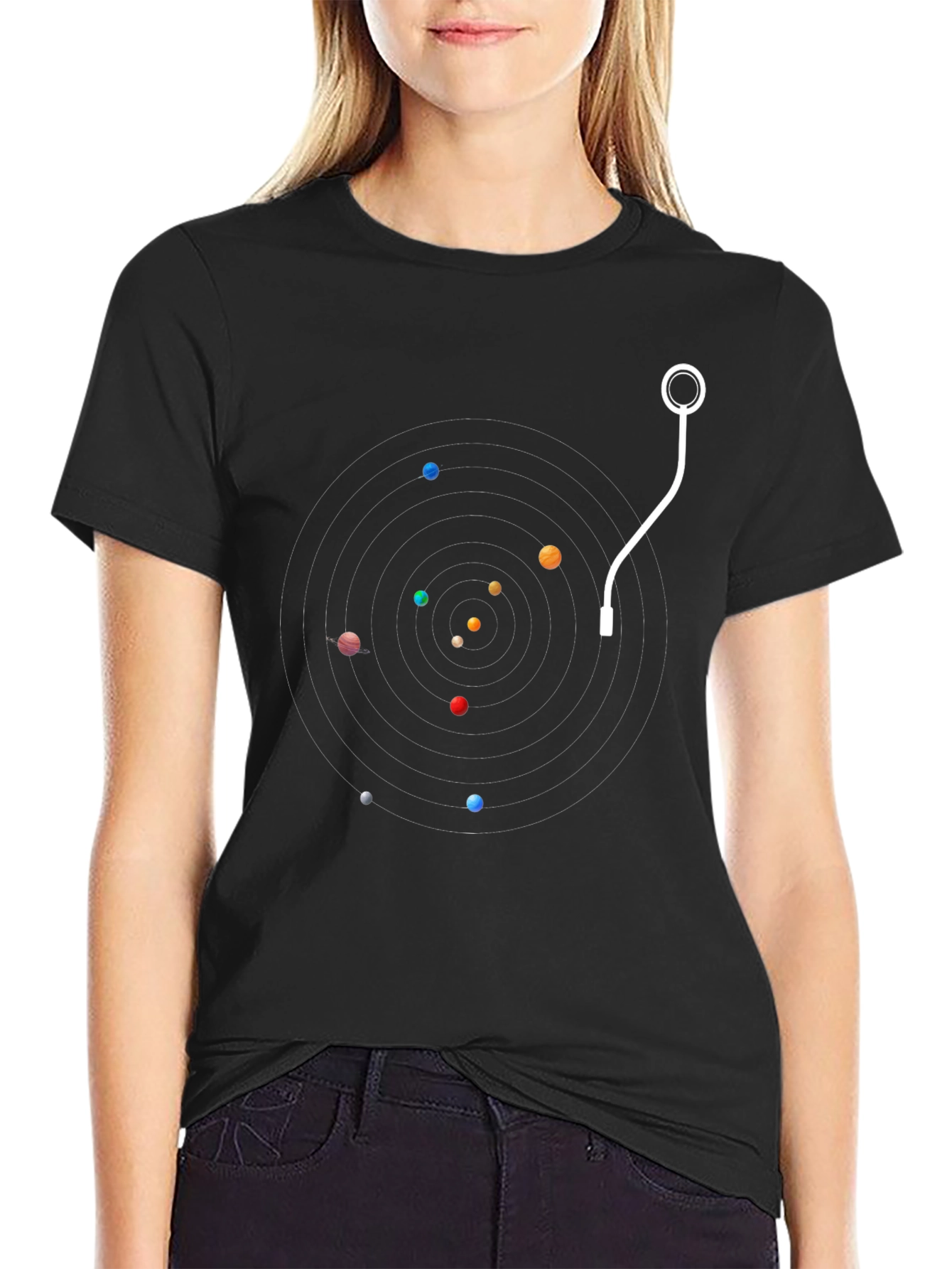 Planetary Turntable Black T-Shirt - Unique Space Music Design