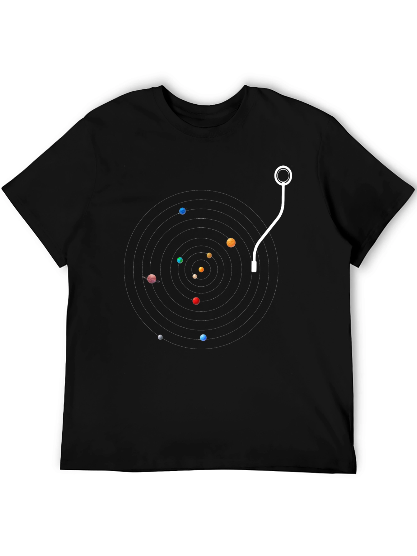 Planetary Turntable Black T-Shirt - Unique Space Music Design