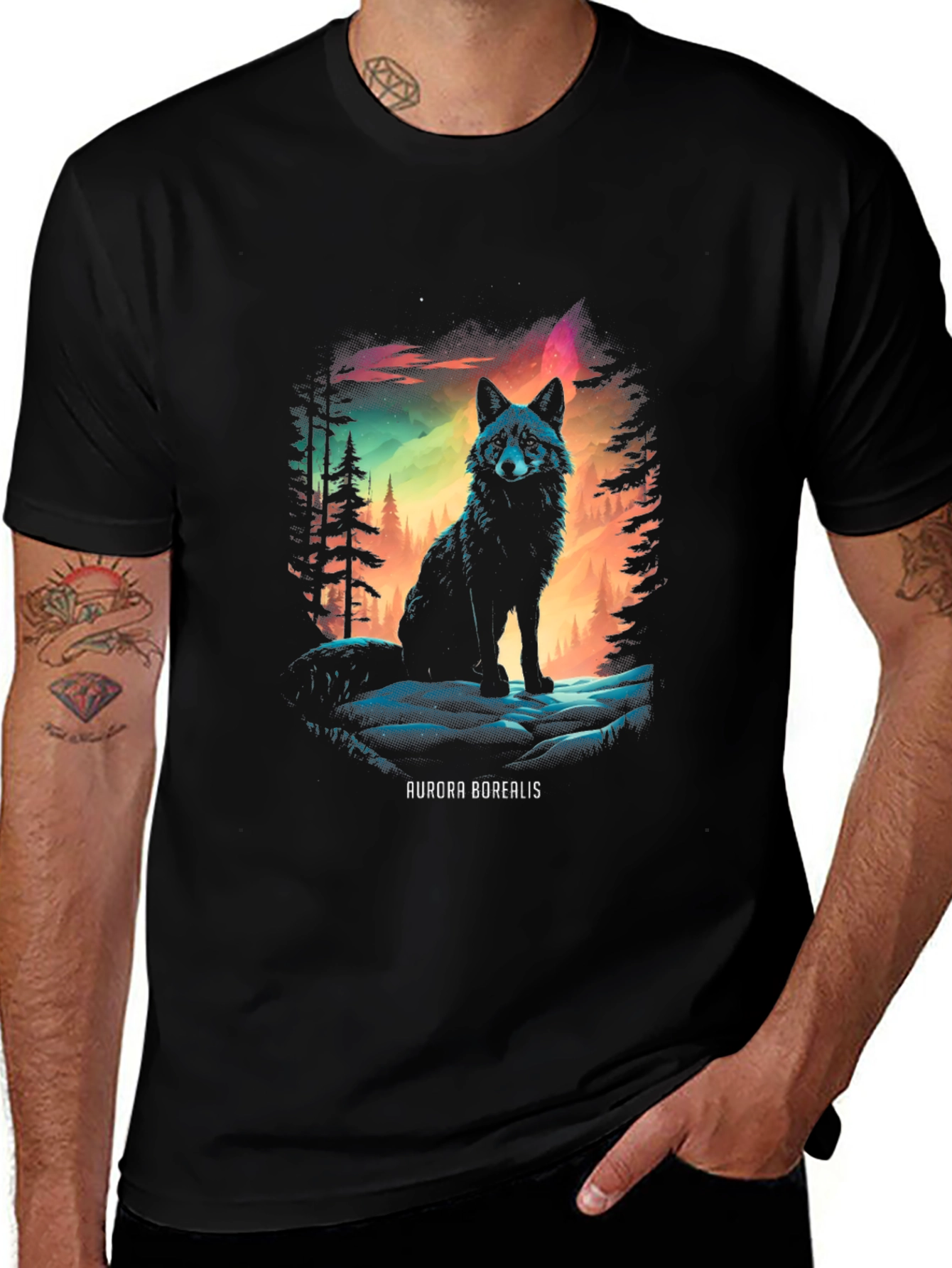 Aurora Borealis Wolf Graphic T-Shirt