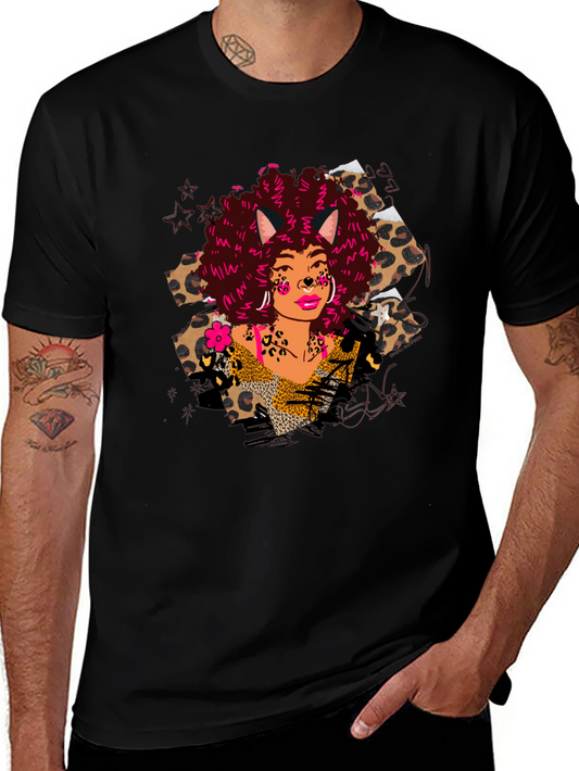 Leopard Print T-Shirt with Afro Cat Lady Design