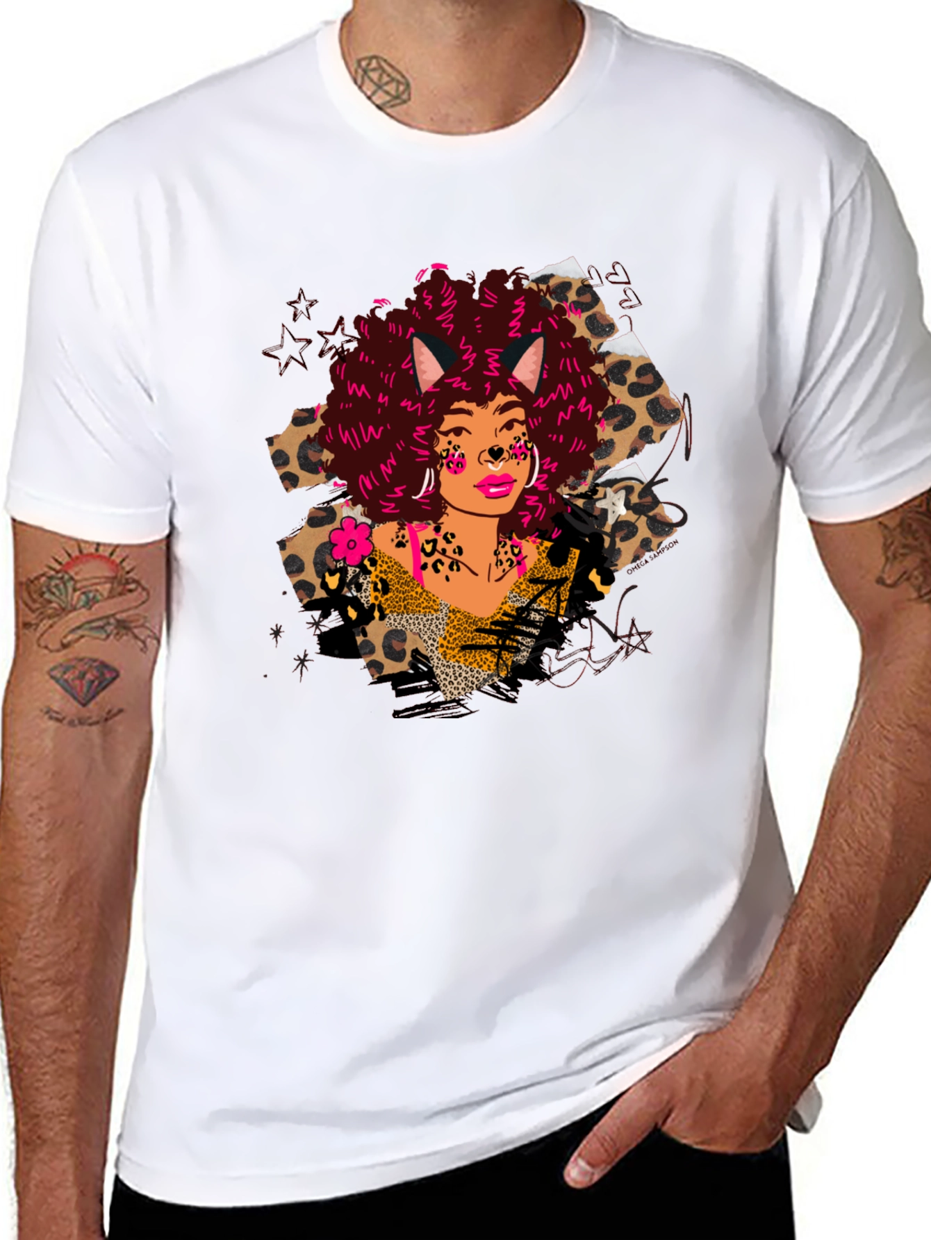 Leopard Print T-Shirt with Afro Cat Lady Design