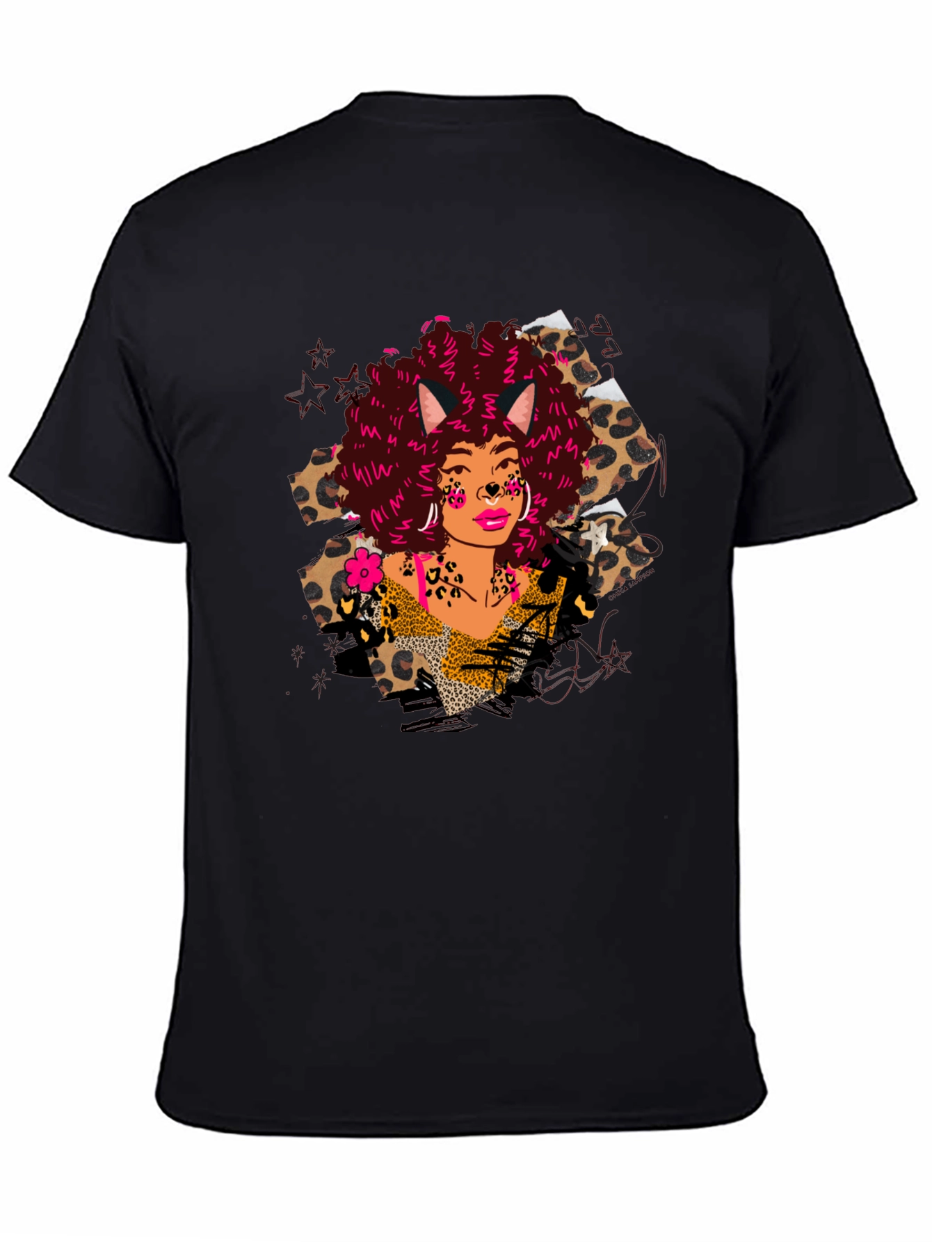 Leopard Print T-Shirt with Afro Cat Lady Design