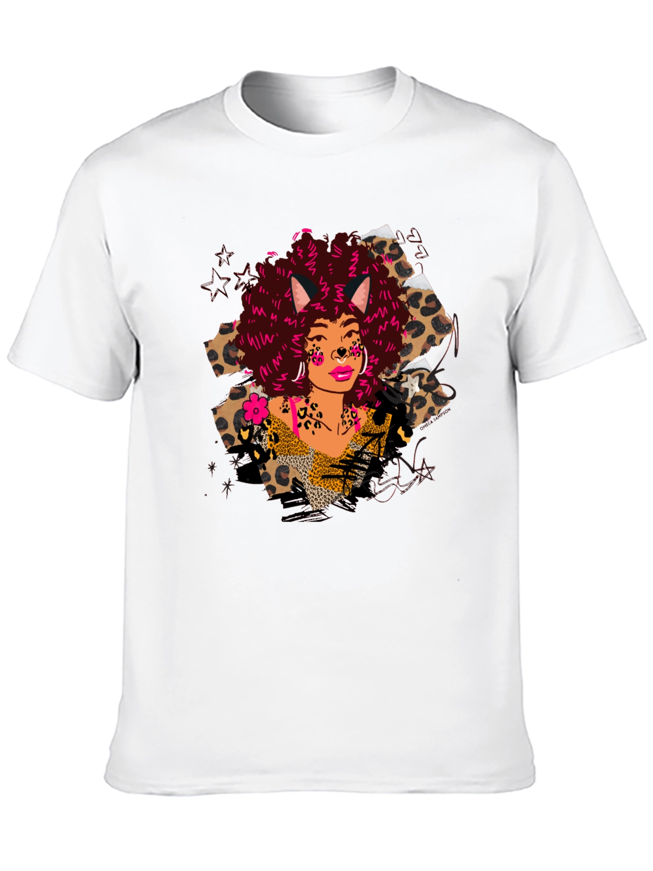 Leopard Print T-Shirt with Afro Cat Lady Design