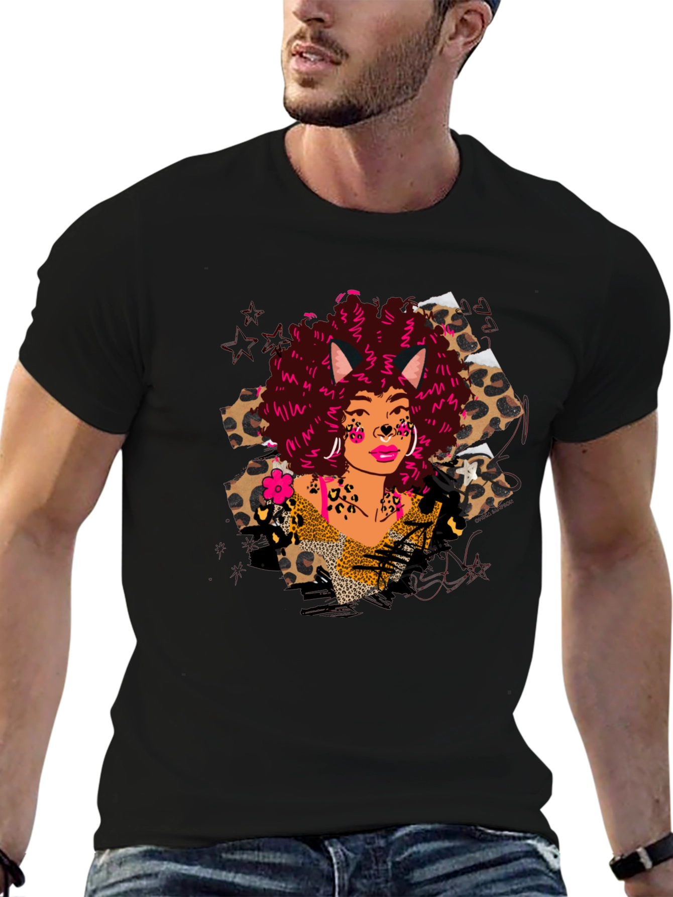 Leopard Print T-Shirt with Afro Cat Lady Design