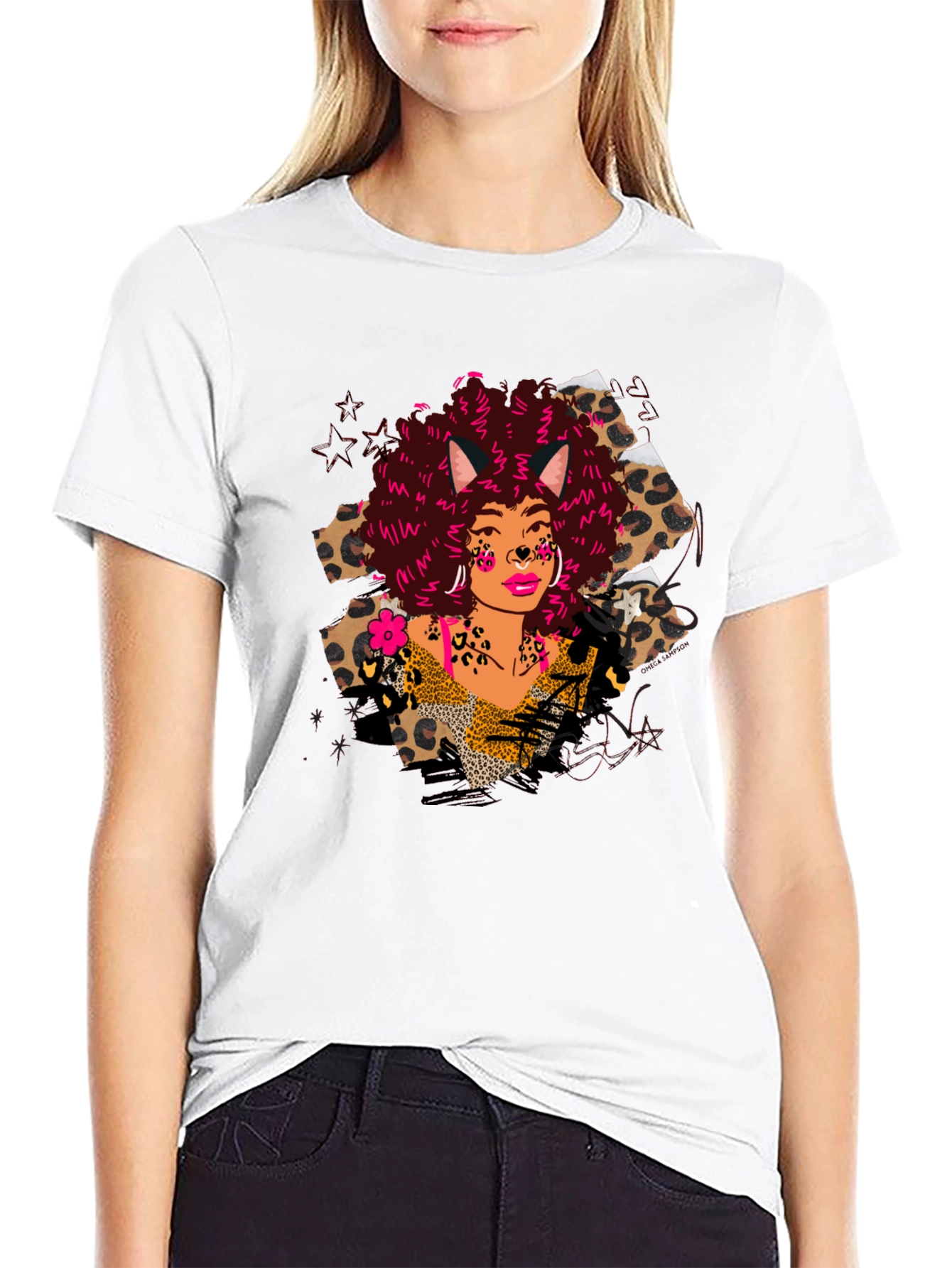Leopard Print T-Shirt with Afro Cat Lady Design