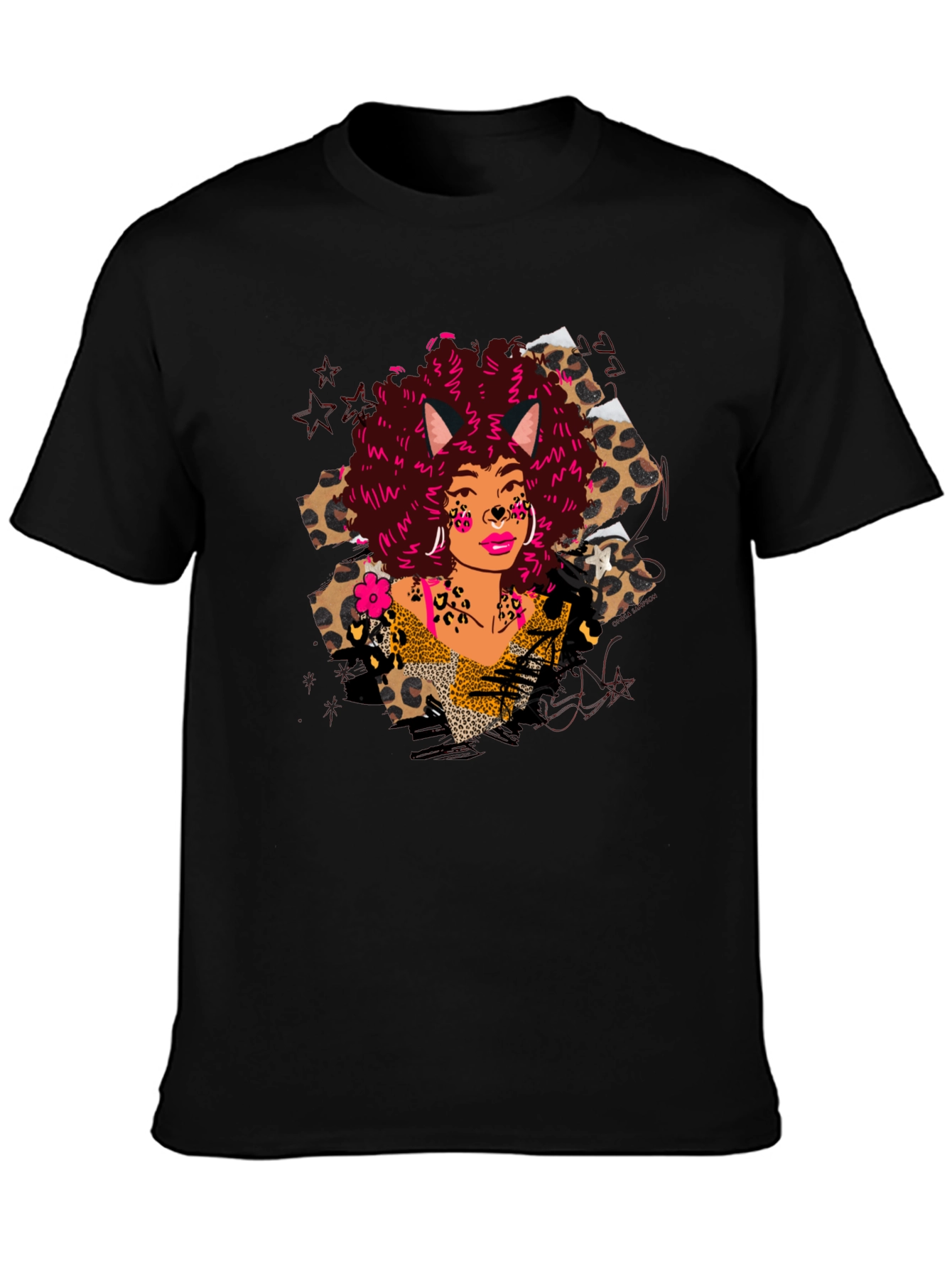 Leopard Print T-Shirt with Afro Cat Lady Design
