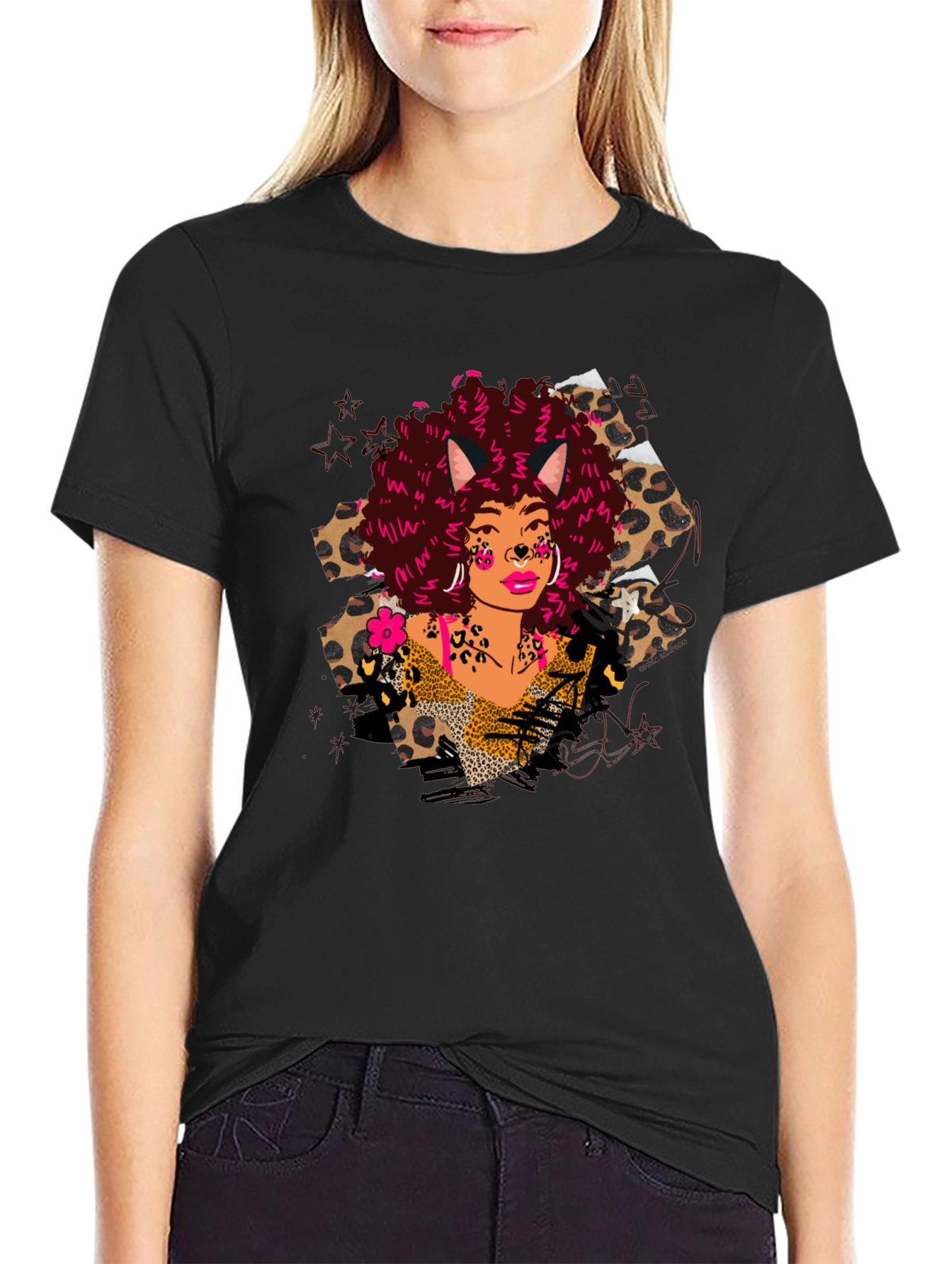 Leopard Print T-Shirt with Afro Cat Lady Design