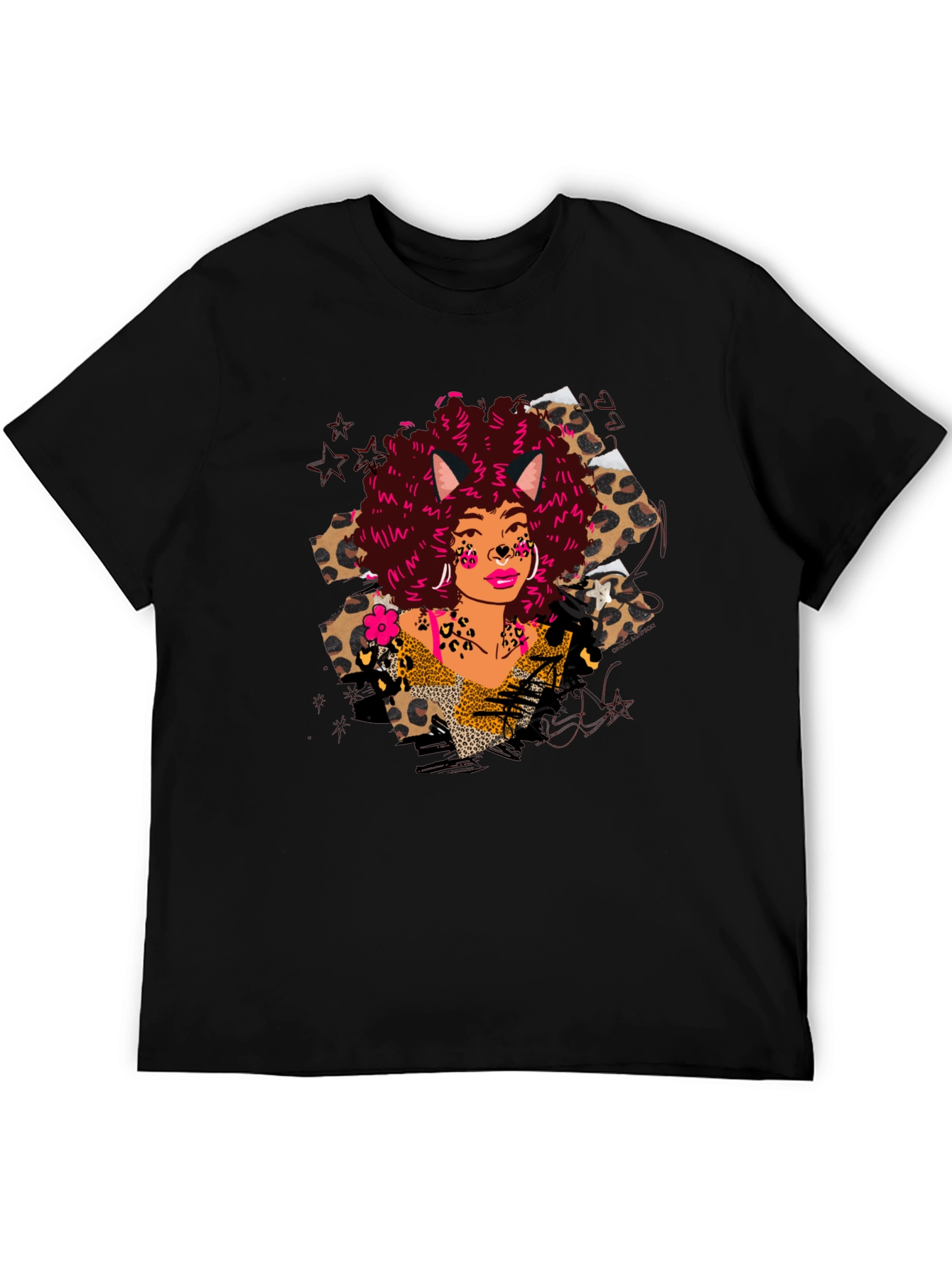 Leopard Print T-Shirt with Afro Cat Lady Design