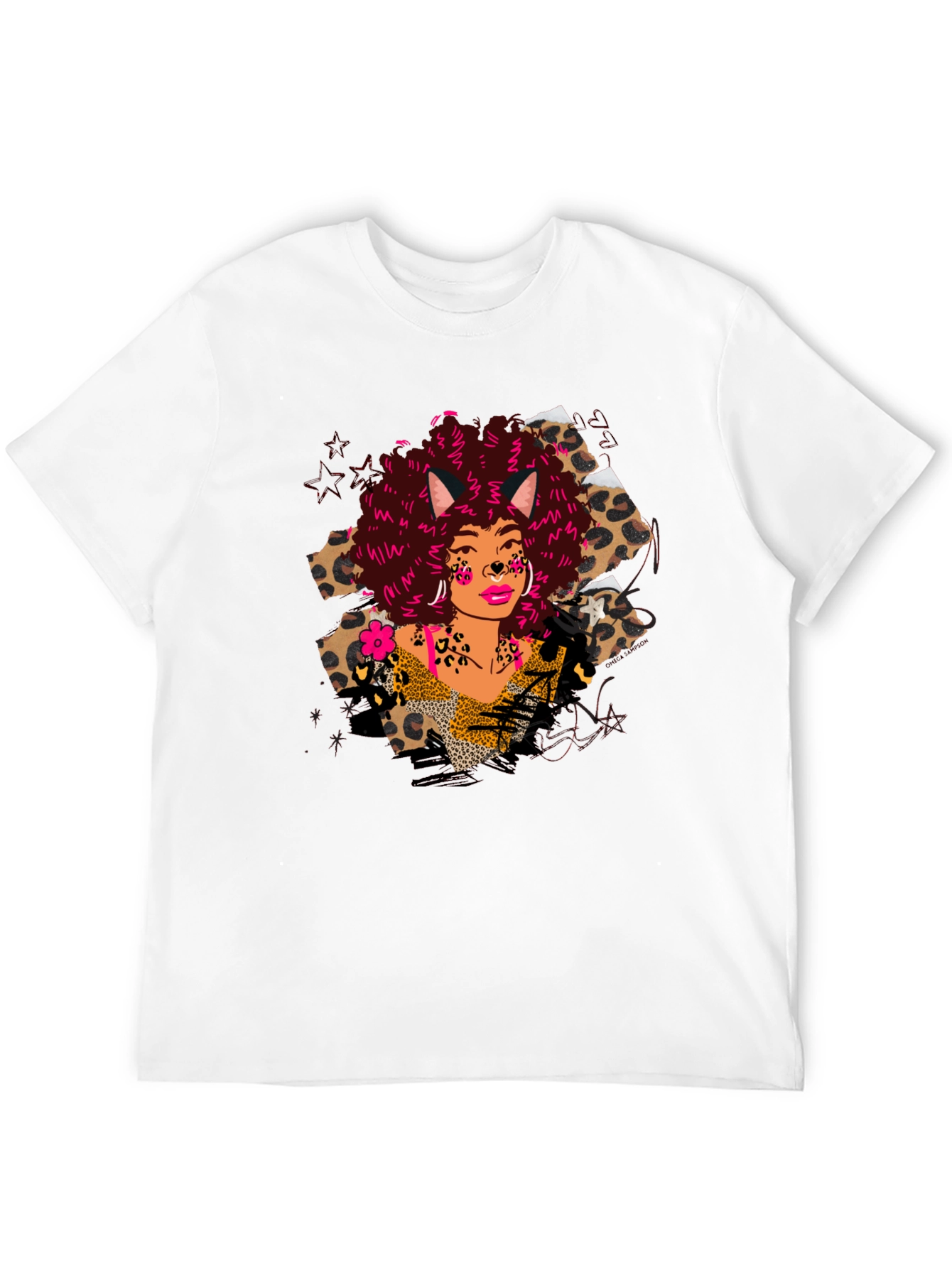 Leopard Print T-Shirt with Afro Cat Lady Design