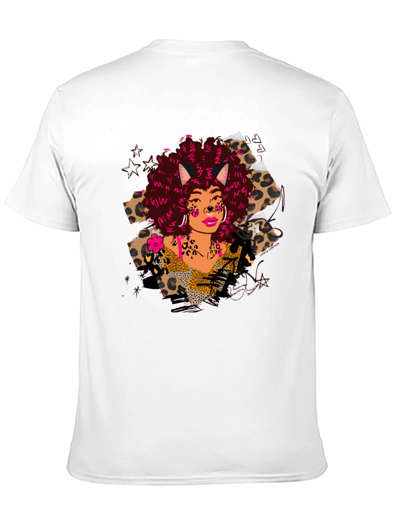 Leopard Print T-Shirt with Afro Cat Lady Design