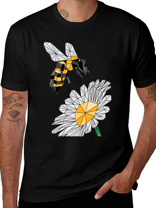 Geometric Bee & Daisy Black T-Shirt