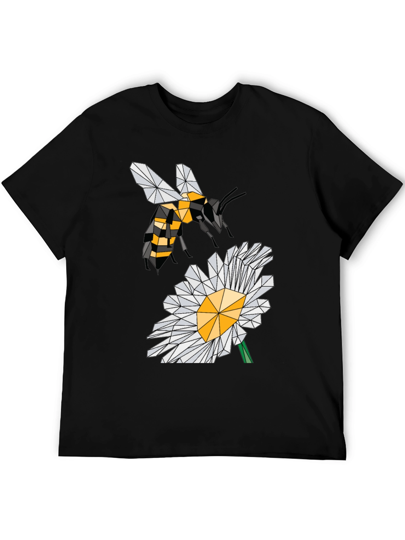 Geometric Bee & Daisy Black T-Shirt