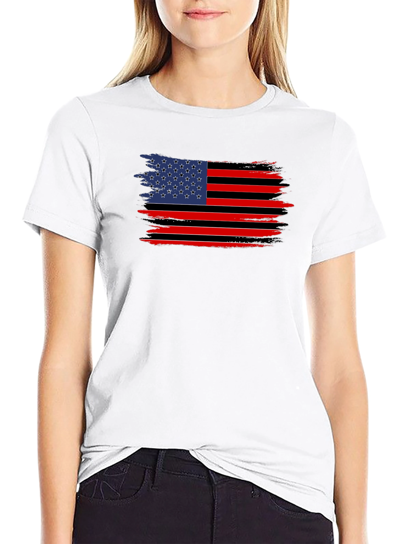 Distressed American Flag Graphic Tee - Black