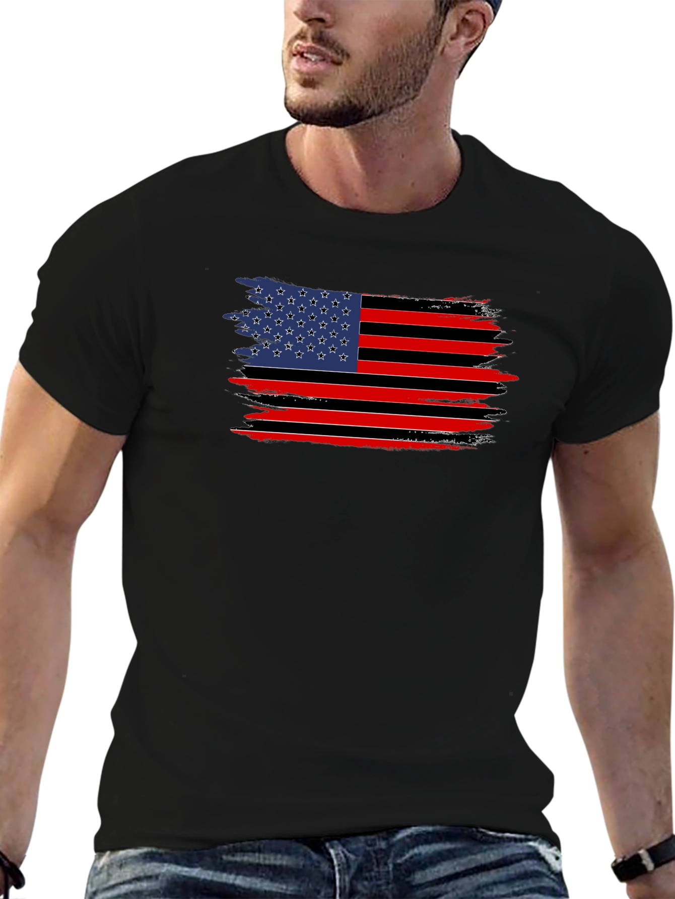 Distressed American Flag Graphic Tee - Black