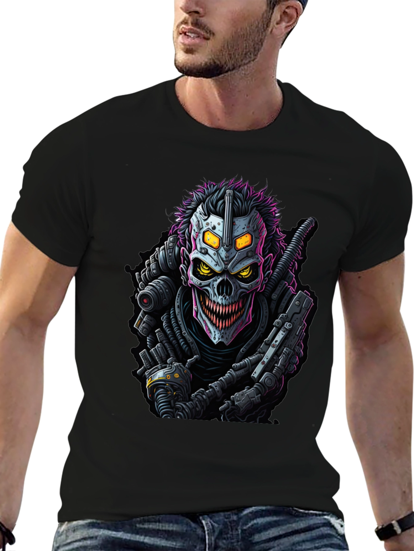 Cyberpunk Skull Graphic Tee - Black