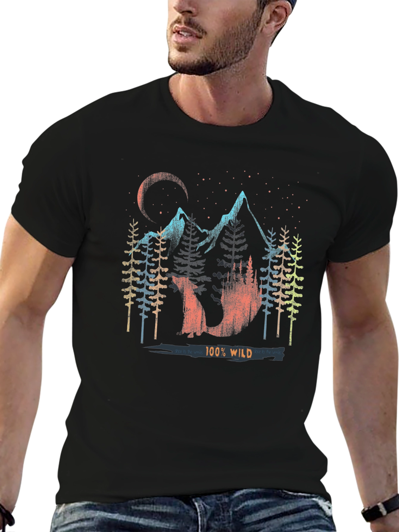 100% Wild Graphic Print Mens Black T-Shirt