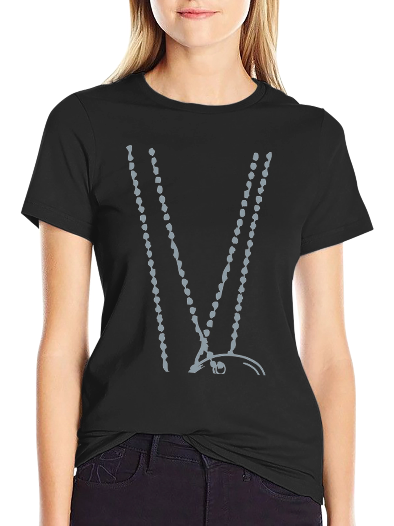 Abstract Beaded V-Neck Black T-Shirt