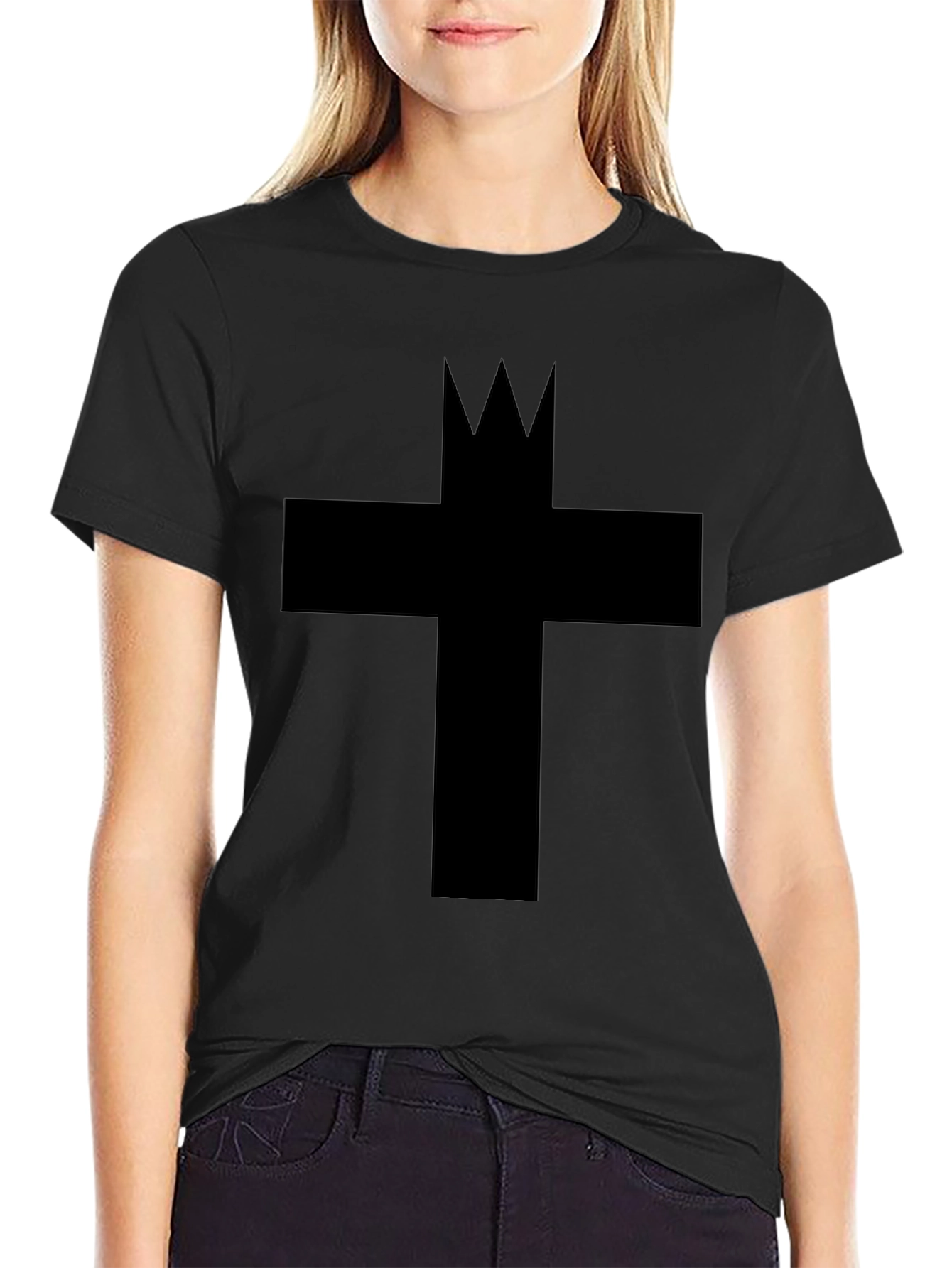 Graphic Tee: Crowned Cross Black Cotton T-Shirt