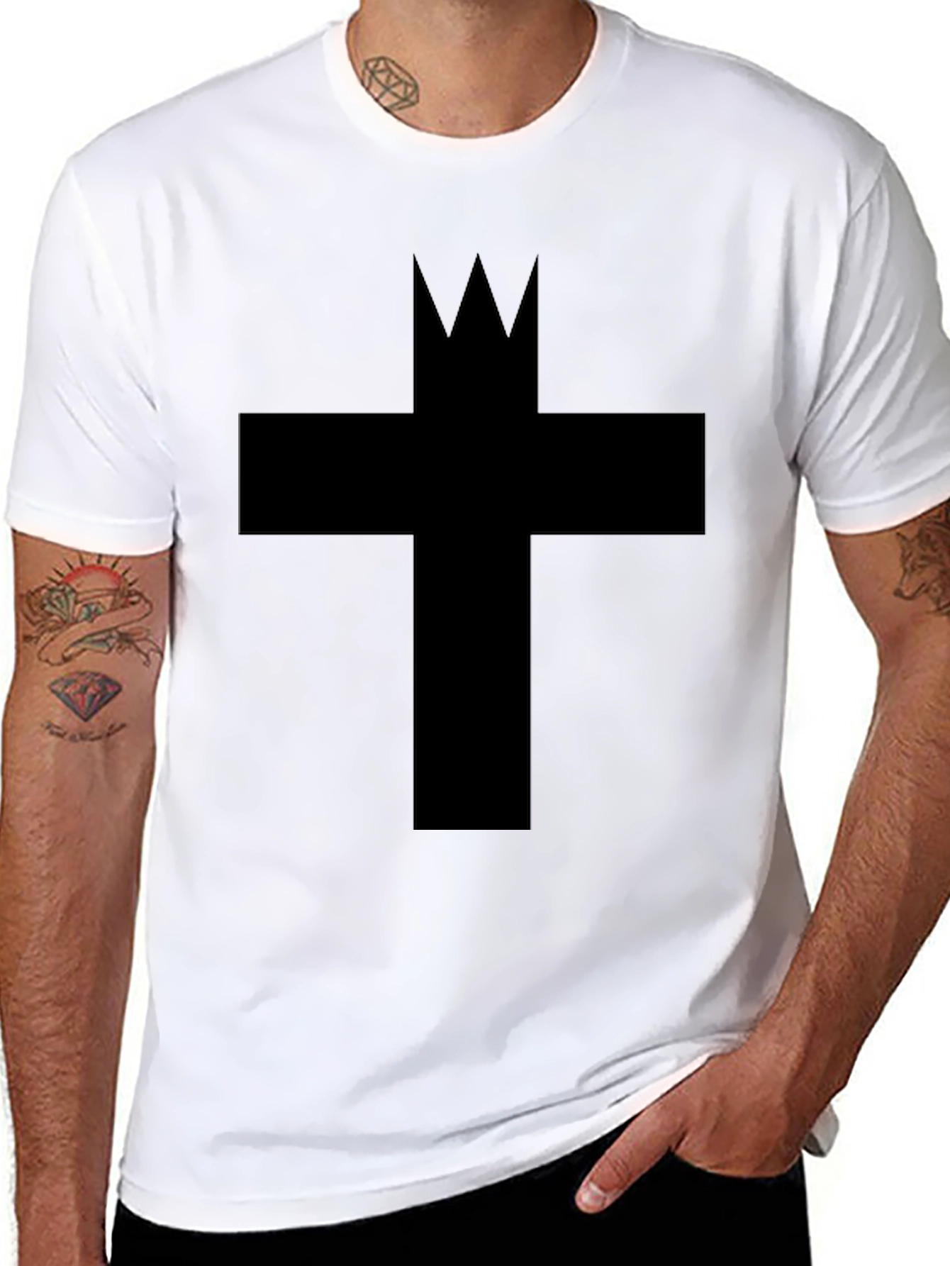 Graphic Tee: Crowned Cross Black Cotton T-Shirt