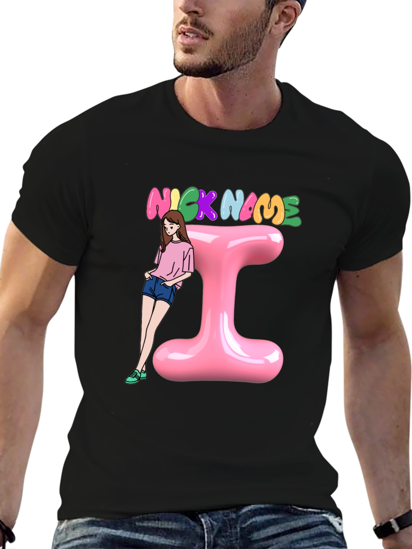 Trendy Black T-Shirt with Personalized Name Initial